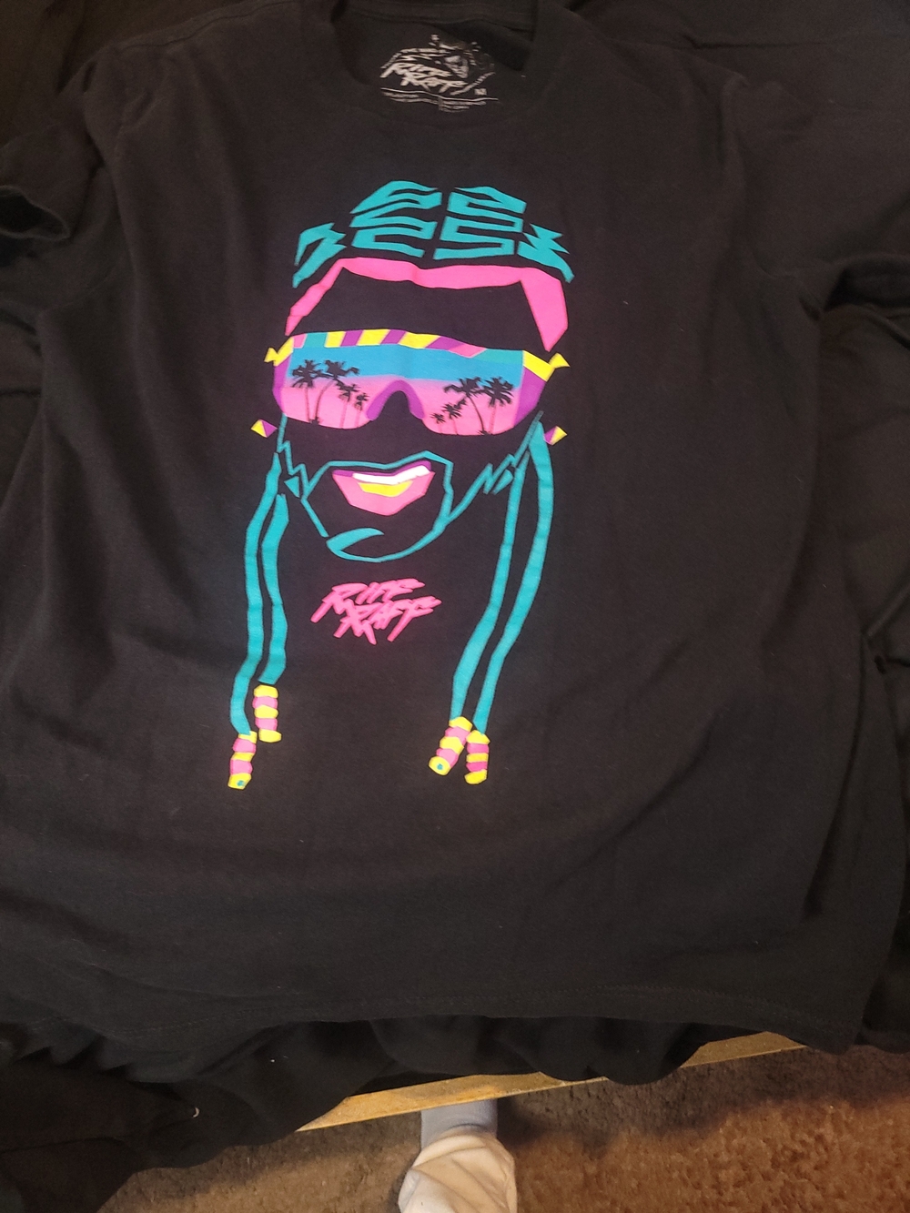 Black RIFF RAFF Tour Merch Graphic Tee with Neon Surf Portrait Size M